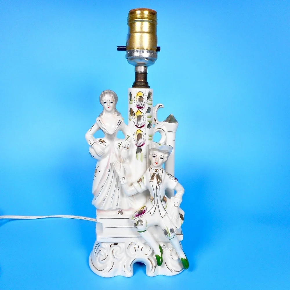 VTG 50s Porcelain Gold Gilded Boudoir Lamp Victorian Couple Courtship Steampunk